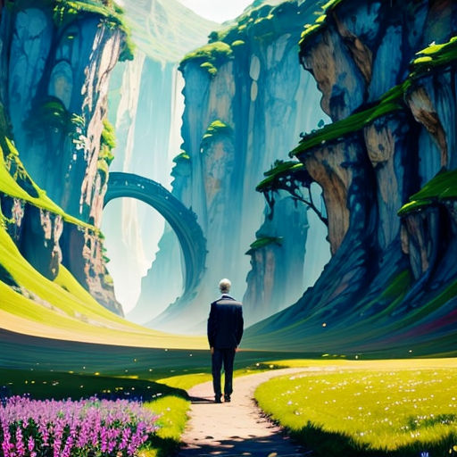 a man walking down a path through a lush green valley with a bridge in the distance and purple flowers in the foreground