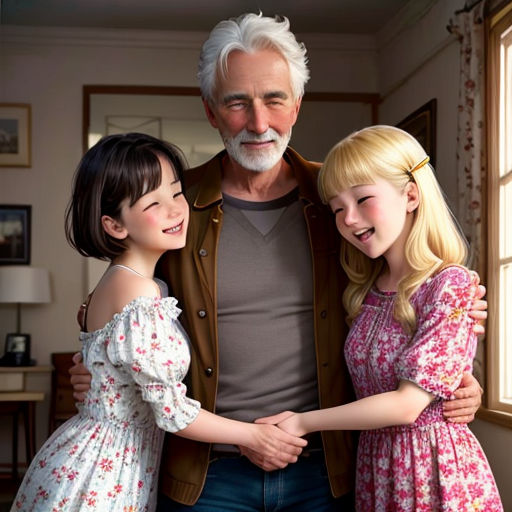 a man and two girls standing next to each other in a room with a window and a painting of an older man