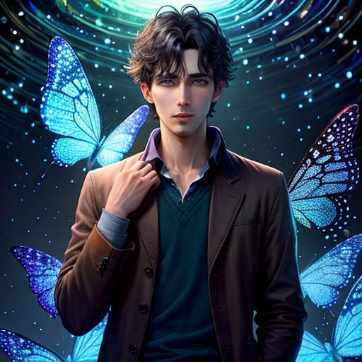 a man in a jacket and butterfly wings is posing for a picture with a butterfly background behind him and a blue light