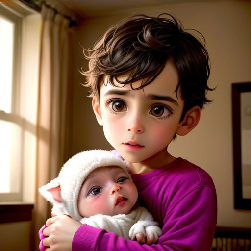 a boy holding a baby in his arms in a room with a window and a cat on the wall