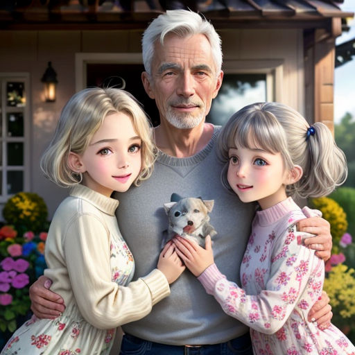 a painting of a man and two girls holding a dog in front of a house with flowers in the background