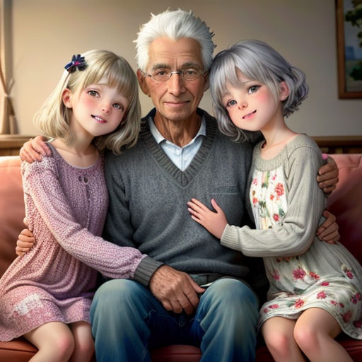 a man sitting on a couch with two little girls and an older man in a sweater and jeans and a sweater