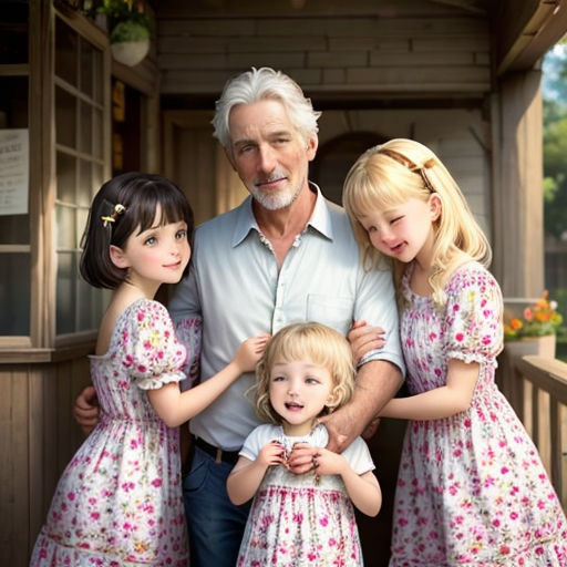 a man and two girls standing next to each other on a porch with a man in a white shirt