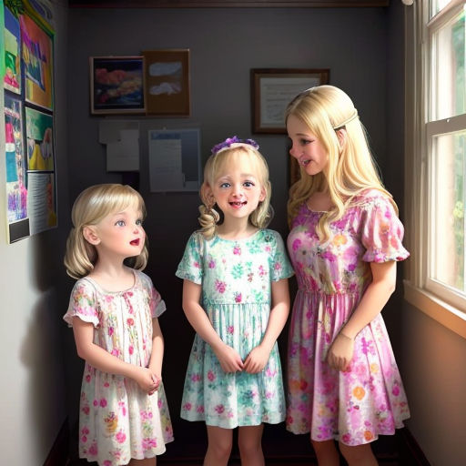 three girls standing in a room with a window and a picture on the wall behind them and a window behind them