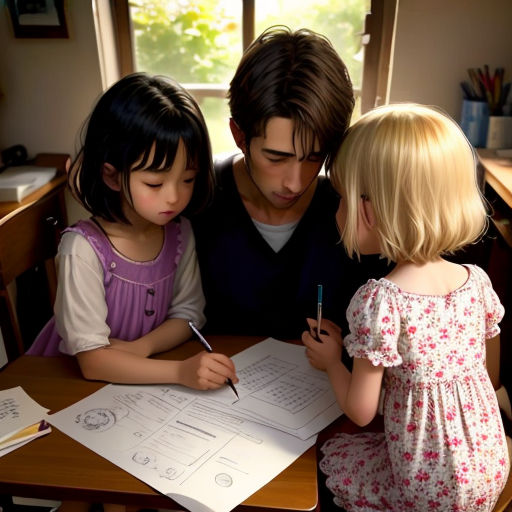 a man and two children sitting at a table with a paper and pen in front of them and a window