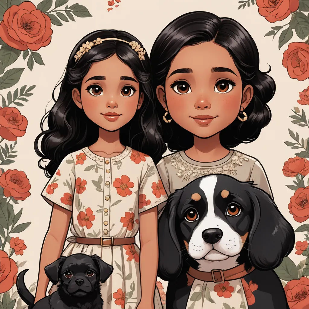 two girls and a dog are standing in front of a rose background with roses and roses on it, and the girl is wearing a white dress with a brown collar, sots art, a storybook illustration, disney, comic cover art