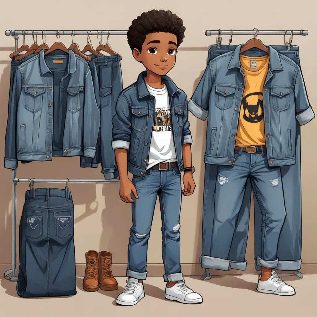 a boy standing in front of a rack of clothes and a pair of jeans on a hanger with a t - shirt and jeans on it, lyco art, concept art, Cedric Seaut (Keos Masons), character art