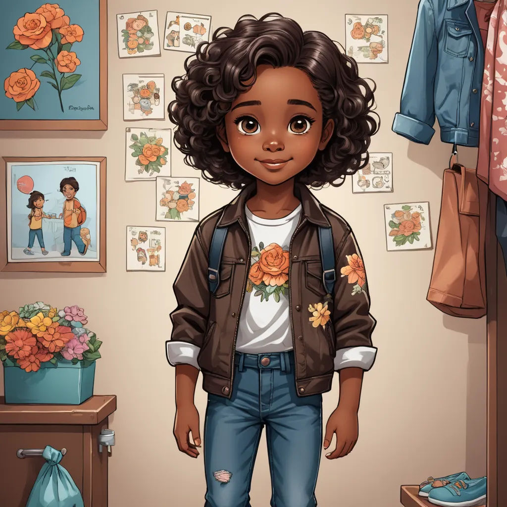 a cartoon girl standing in a room with a bunch of pictures on the wall behind her and a bag on the floor, photorealism, a character portrait, artist, brown skin