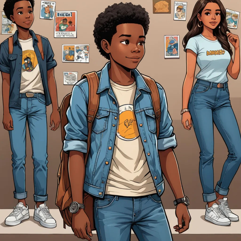 a cartoon of a man and a woman standing in front of a wall with pictures on it and a man in a backpack, harlem renaissance, concept art, Everett Warner, comic cover art