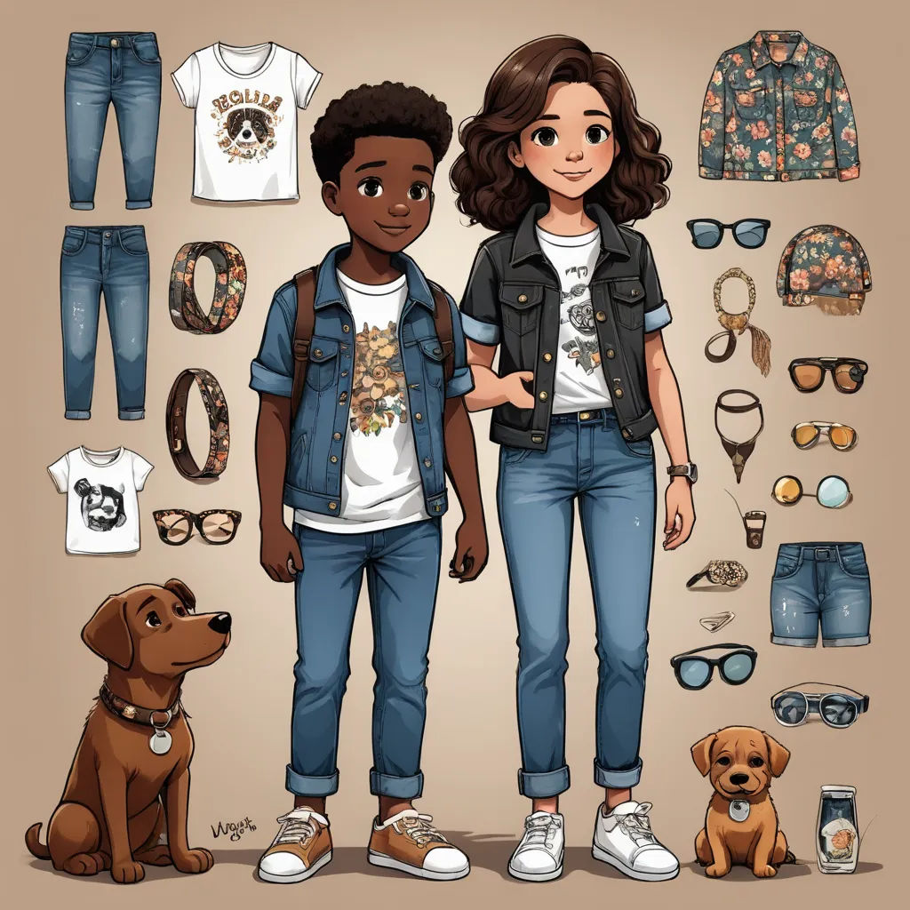 a couple of people standing next to each other near a dog and a pair of glasses on a table, furry art, a detailed drawing, disney, fashion