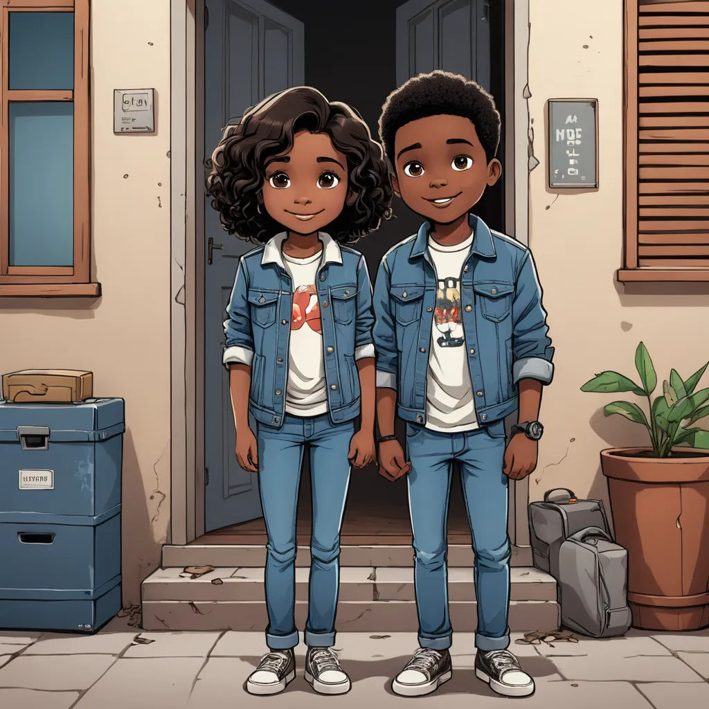 two people standing in front of a door with a plant in the background and a box of boxes in the foreground, sots art, concept art, Felix-Kelly, comic cover art