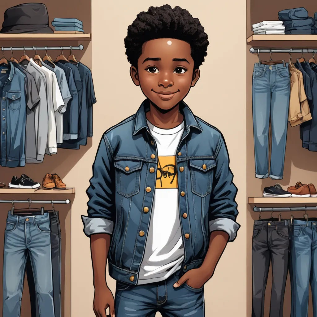 a cartoon of a boy standing in front of a closet with clothes on shelves and a hat on his head, lyco art, a character portrait, Everett Warner, brown skin