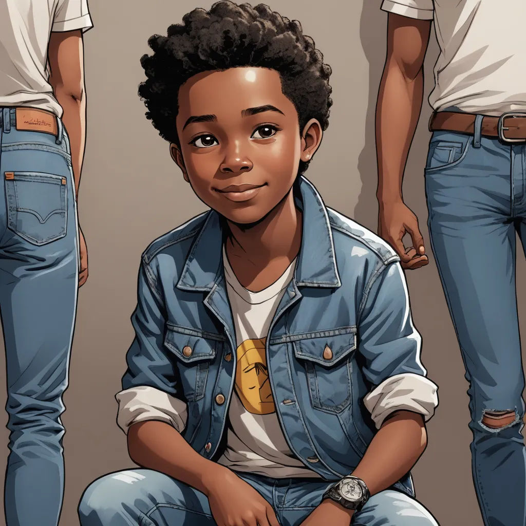 a young boy sitting on the ground with his hands in his pockets and his hands in his pockets, with two other men standing behind him, harlem renaissance, a character portrait, Everett Warner, official art
