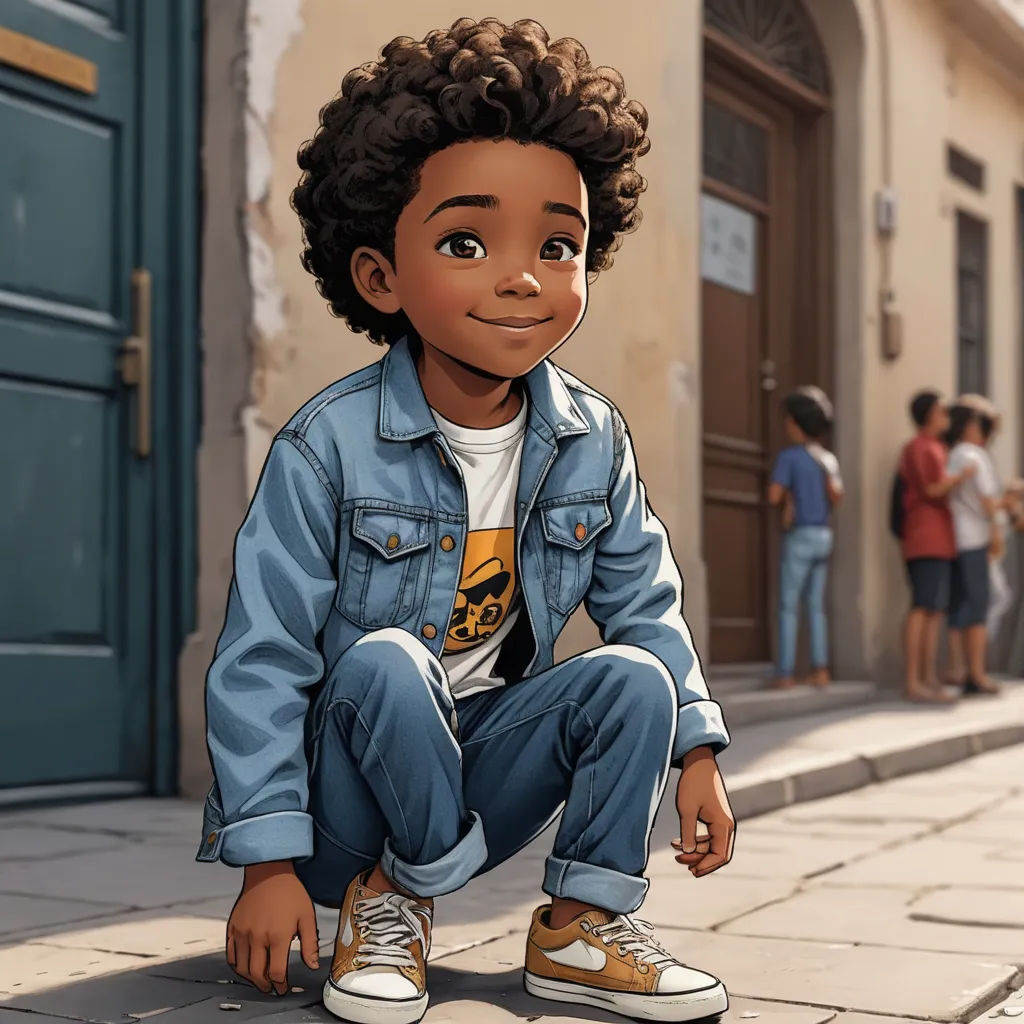 a cartoon of a boy sitting on the ground in front of a building with people standing around him and a blue door, photorealism, a character portrait, Eddie Mendoza, ultra realistic illustration