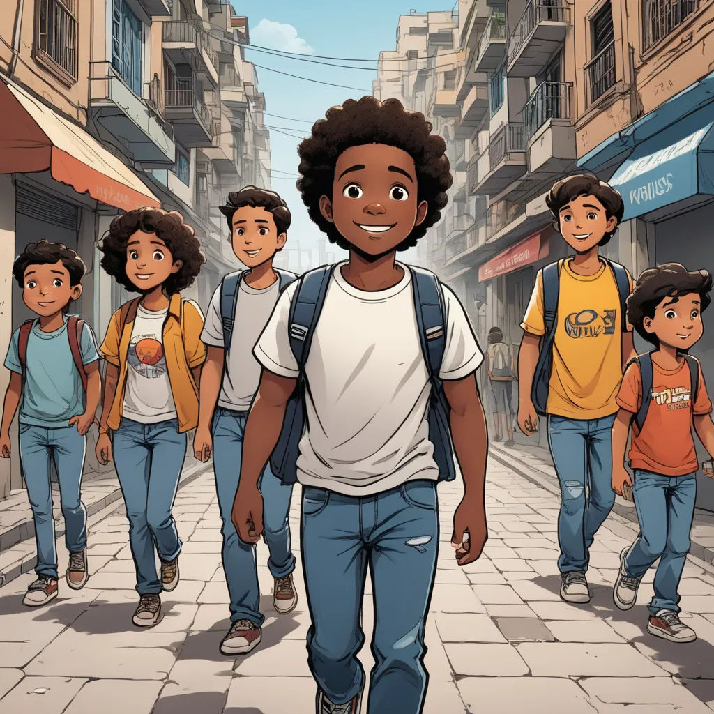 a cartoon of a man walking down a street with a group of kids behind him in a city street, afrofuturism, a comic book panel, Asaf Hanuka, official art