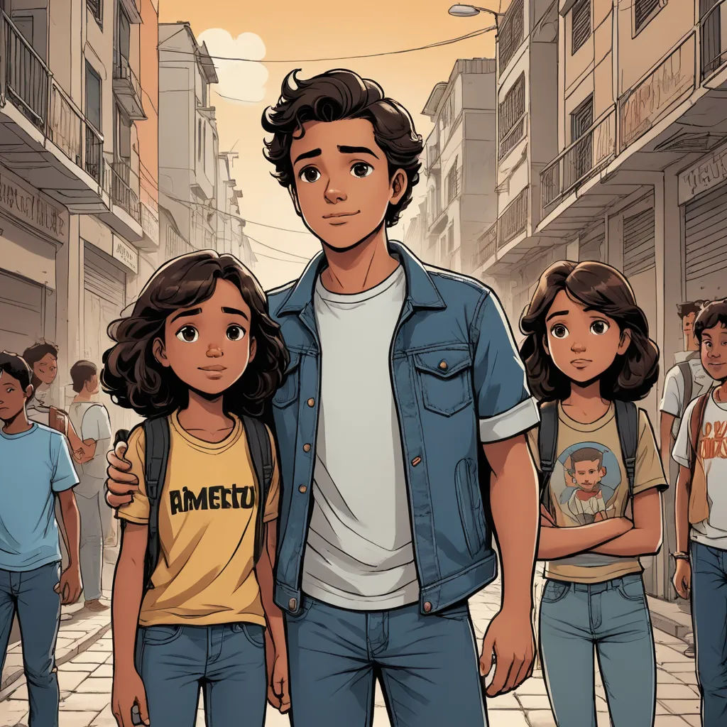 a man and a woman standing in a street with a group of people behind them, all looking at the camera, serial art, a comic book panel, Eddie Mendoza, graphic novel