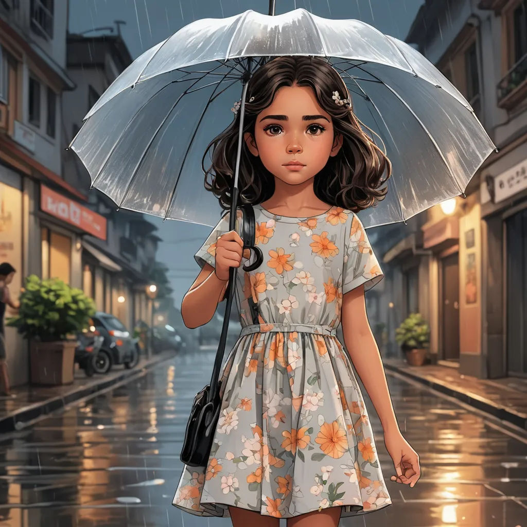 a little girl holding an umbrella in the rain on a city street at night with a person walking by, photorealism, a detailed painting, Evgeny Lushpin, stanley artgerm lau