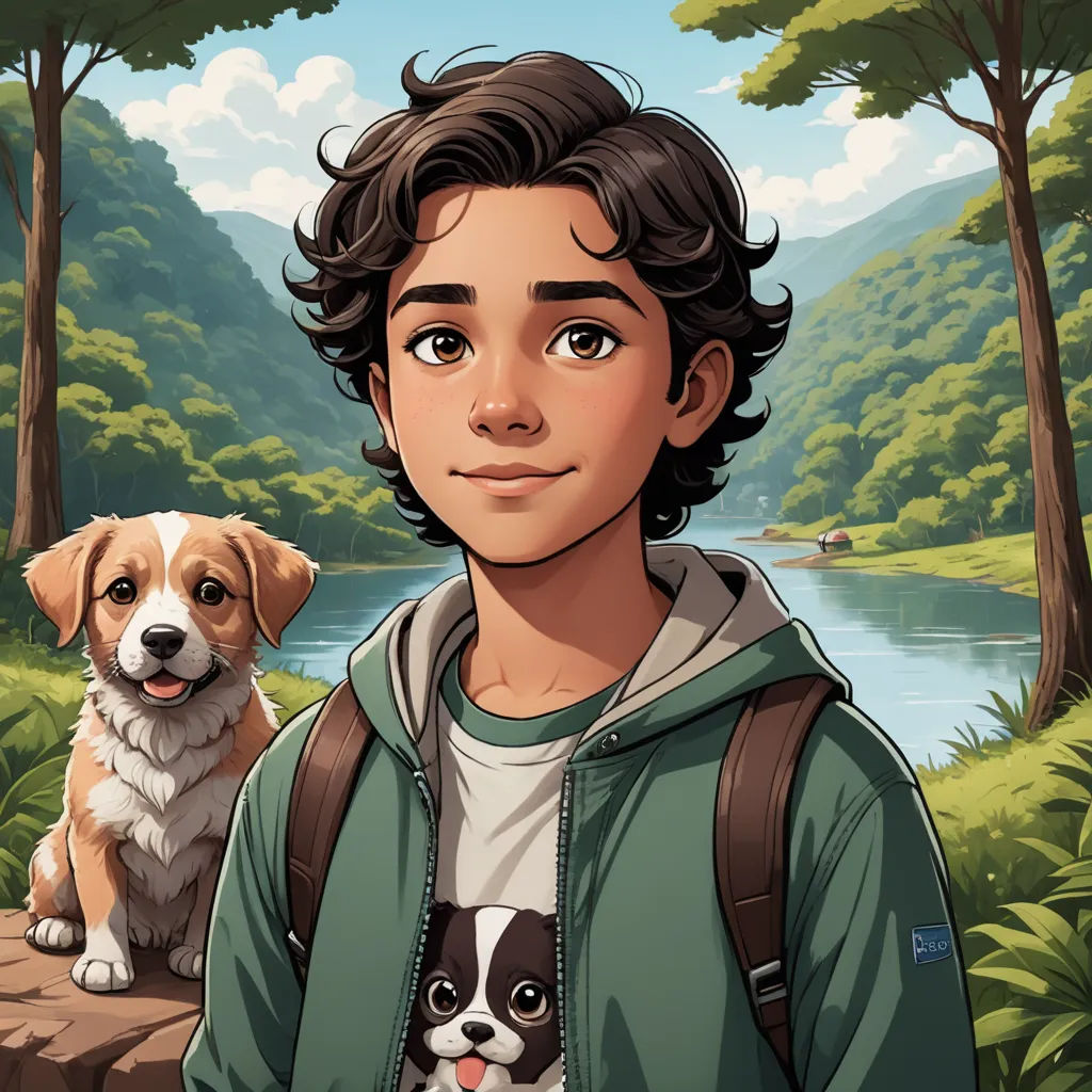 a boy with a backpack and a dog in a forest with a river and mountains in the background, digital painting, sots art, a character portrait, Eddie Mendoza, character portrait