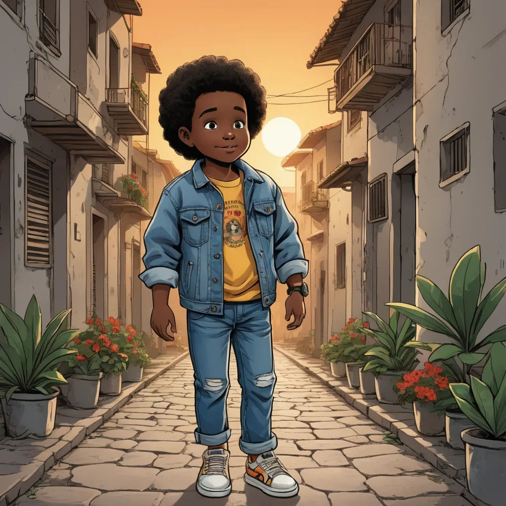 a cartoon of a boy standing in a narrow street with a sun in the background and potted plants, afrofuturism, a comic book panel, Cedric Seaut (Keos Masons), comic cover art