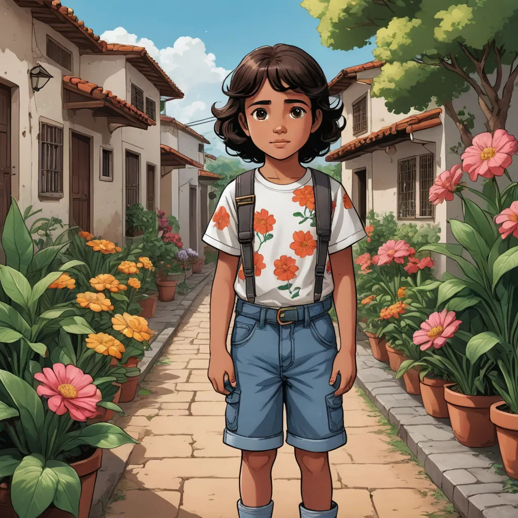 a young girl standing in front of a garden with flowers in pots and a house in the background with a sky background, serial art, a character portrait, Cedric Seaut (Keos Masons), comic cover art