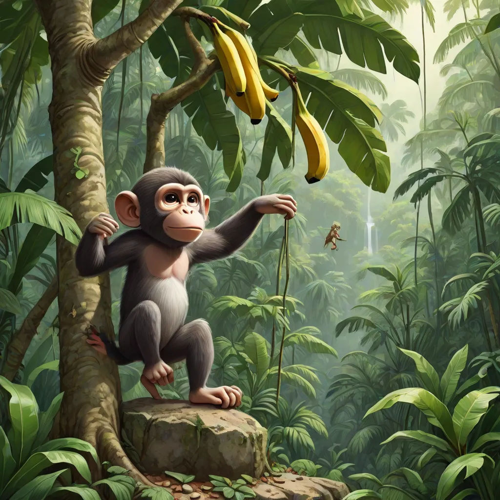 a monkey is climbing a tree in the jungle with bananas hanging from it's branches and a banana hanging from a tree, a detailed matte painting, Chris LaBrooy, fantasy art, highly detailed digital painting