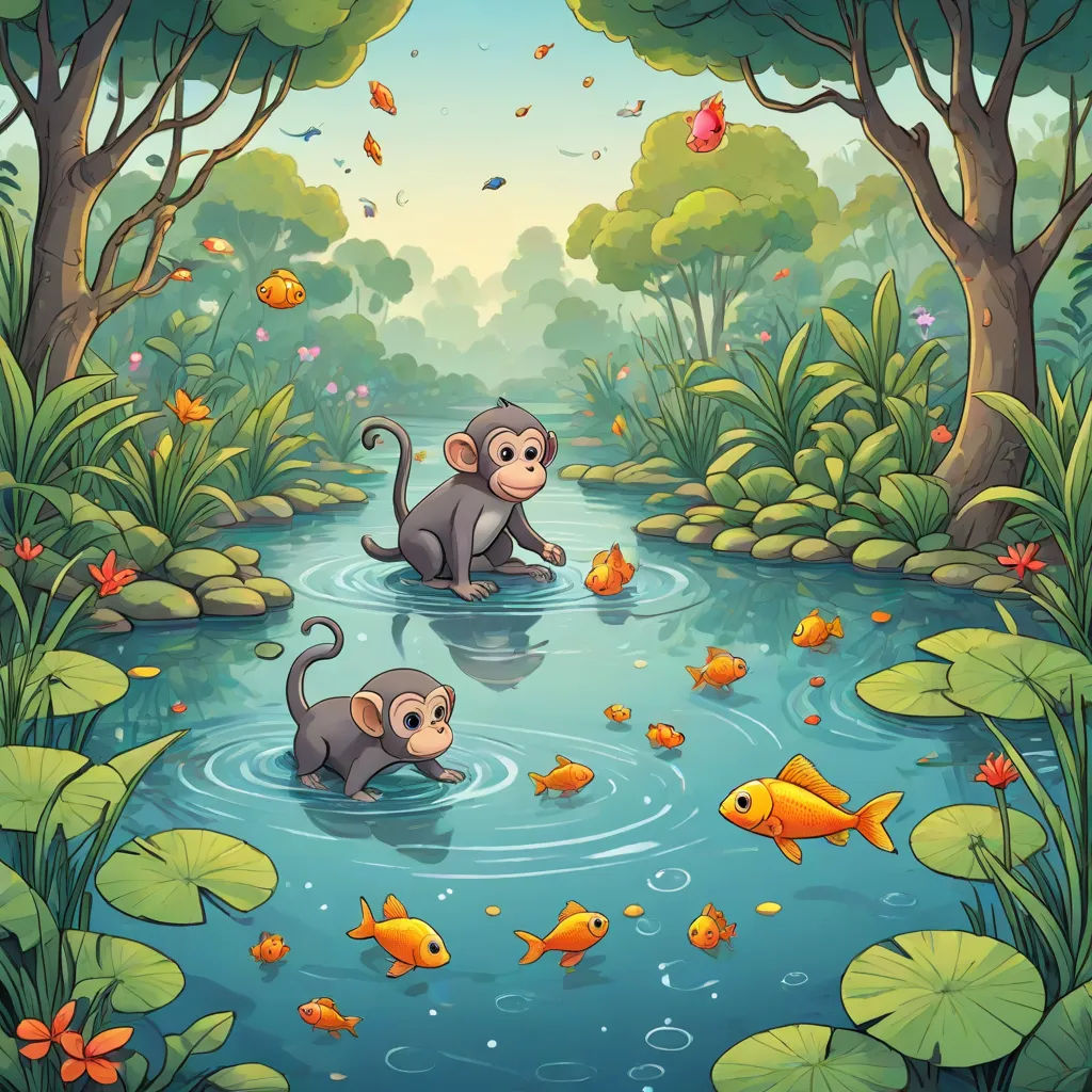 a river with two monkeys and a fish in it and a forest with flowers and leaves around it and a pond with fish, a storybook illustration, Chris LaBrooy, fantasy art, highly detailed digital painting