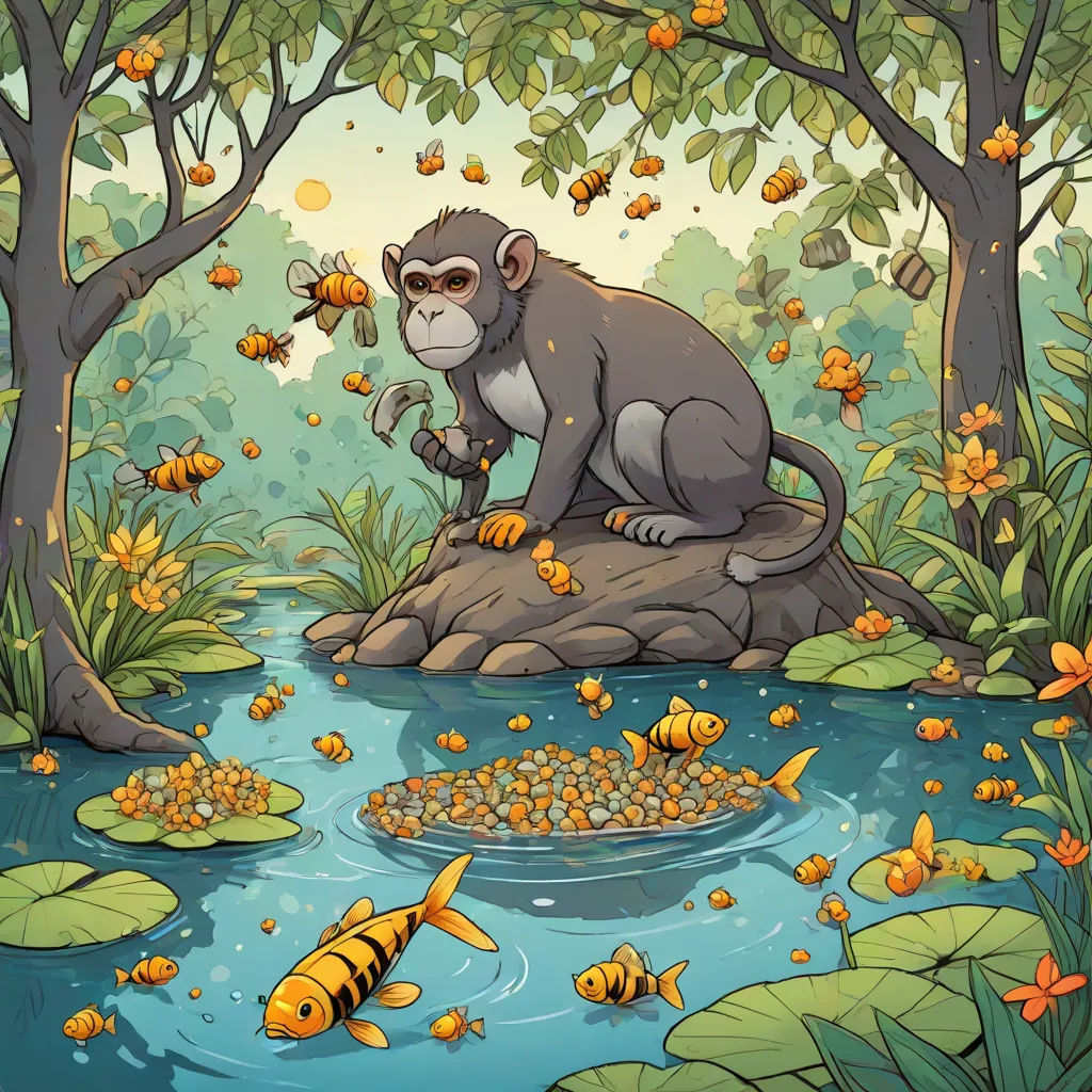 a monkey sitting on a rock in a forest with fish and flowers around it, and a pond with goldfish, a storybook illustration, Chris LaBrooy, fantasy art, lostfish