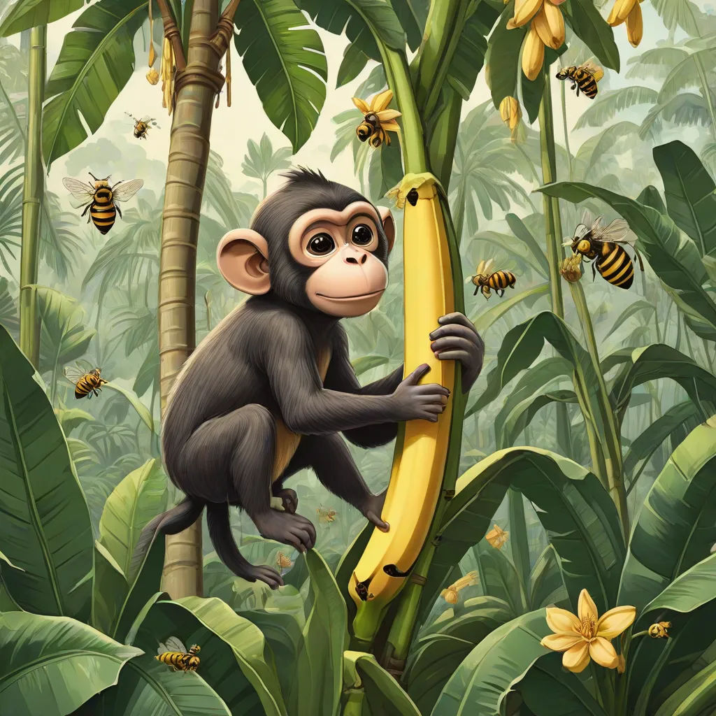 a monkey is holding a banana in a jungle with bees and flowers around it and a bunch of bananas, a storybook illustration, Chris LaBrooy, primitivism, highly detailed digital painting