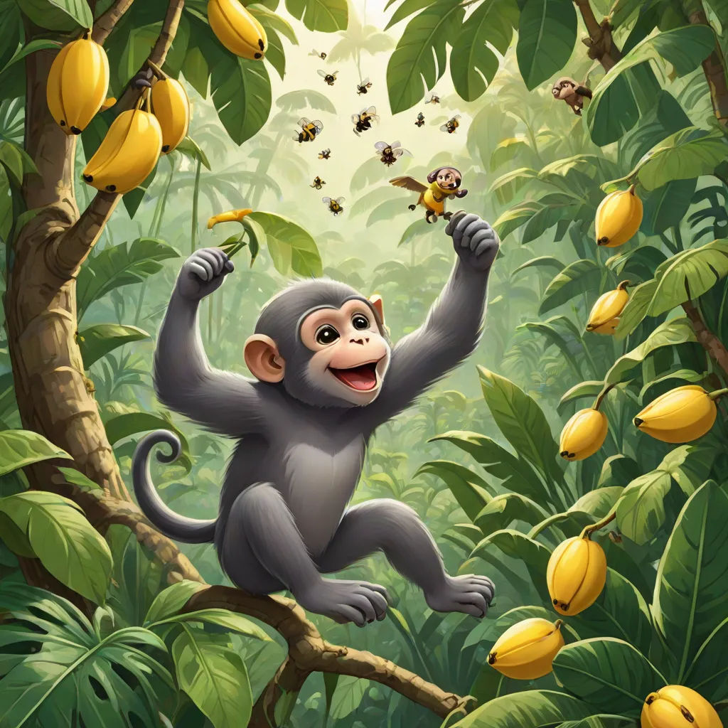 a monkey in the jungle with bananas and a monkey on a tree branch with a banana in the air, a storybook illustration, Alex Petruk APe, primitivism, official art