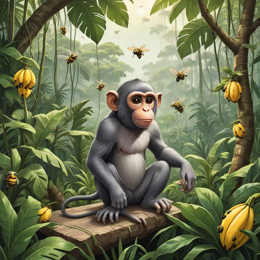 a monkey sitting on a log in a jungle with bees flying around it and a bunch of bananas hanging from the trees, a storybook illustration, Chris LaBrooy, primitivism, highly detailed digital painting