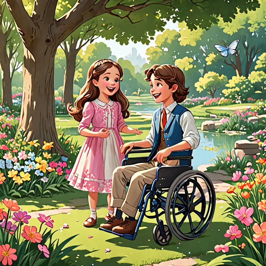 a man in a wheelchair talking to a little girl in a park with flowers and trees around him and a pond, american scene painting, a storybook illustration, Anne Said, official art