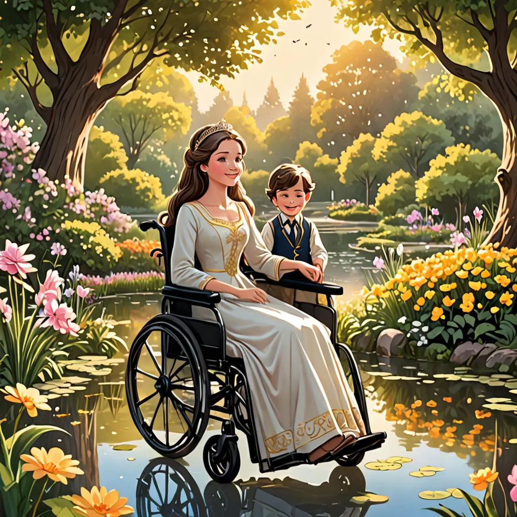 a painting of a woman in a wheelchair with a boy in a garden with flowers and trees, and a pond, american scene painting, a storybook illustration, Elizabeth Forbes, storybook illustration