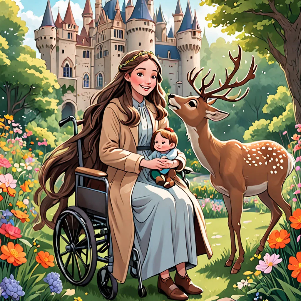 a woman in a wheelchair with a child in front of a castle with a deer and a deer's head, magical realism, a storybook illustration, Clarice Beckett, official art