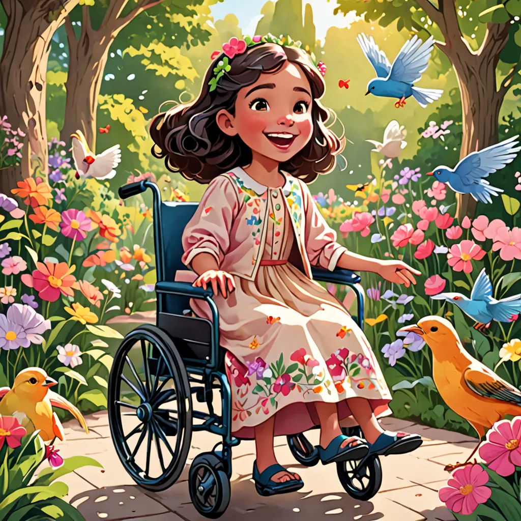 a girl in a wheelchair in a garden with birds and flowers on the ground and a bird on the ground, fantasy art, a storybook illustration, Constance Gordon-Cumming, comic cover art