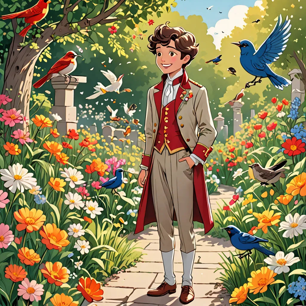 a painting of a boy in a garden with birds and flowers around him and a bird on his shoulder, aestheticism, a storybook illustration, Charles Bird King, official art
