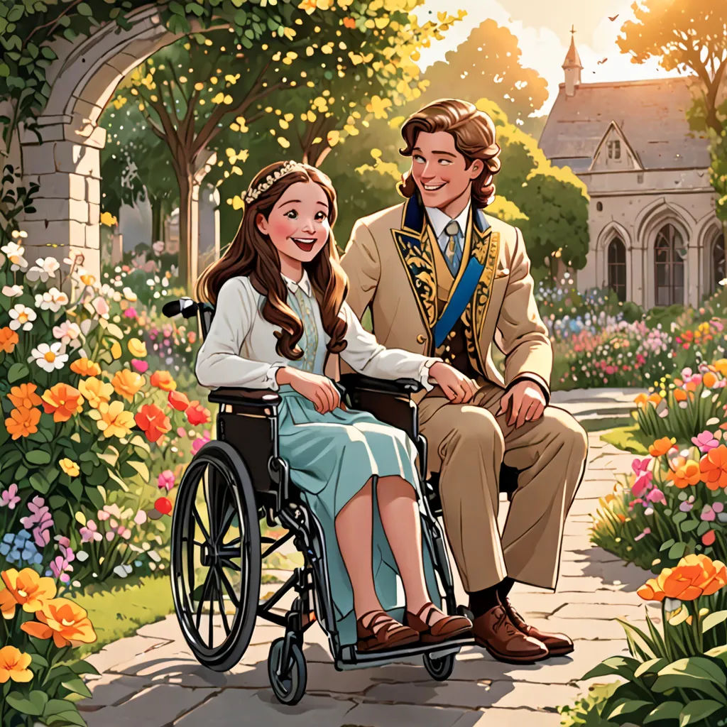 a man in a wheelchair with a woman in a dress sitting next to him in a garden with flowers, sots art, a storybook illustration, Anne Said, official art