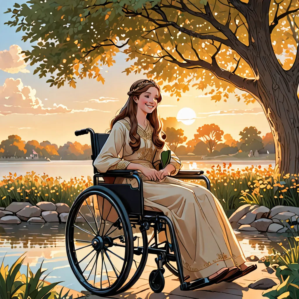 a woman in a wheelchair sitting on a bench next to a tree and a lake with flowers in it, american scene painting, a storybook illustration, Bessie Wheeler, storybook illustration