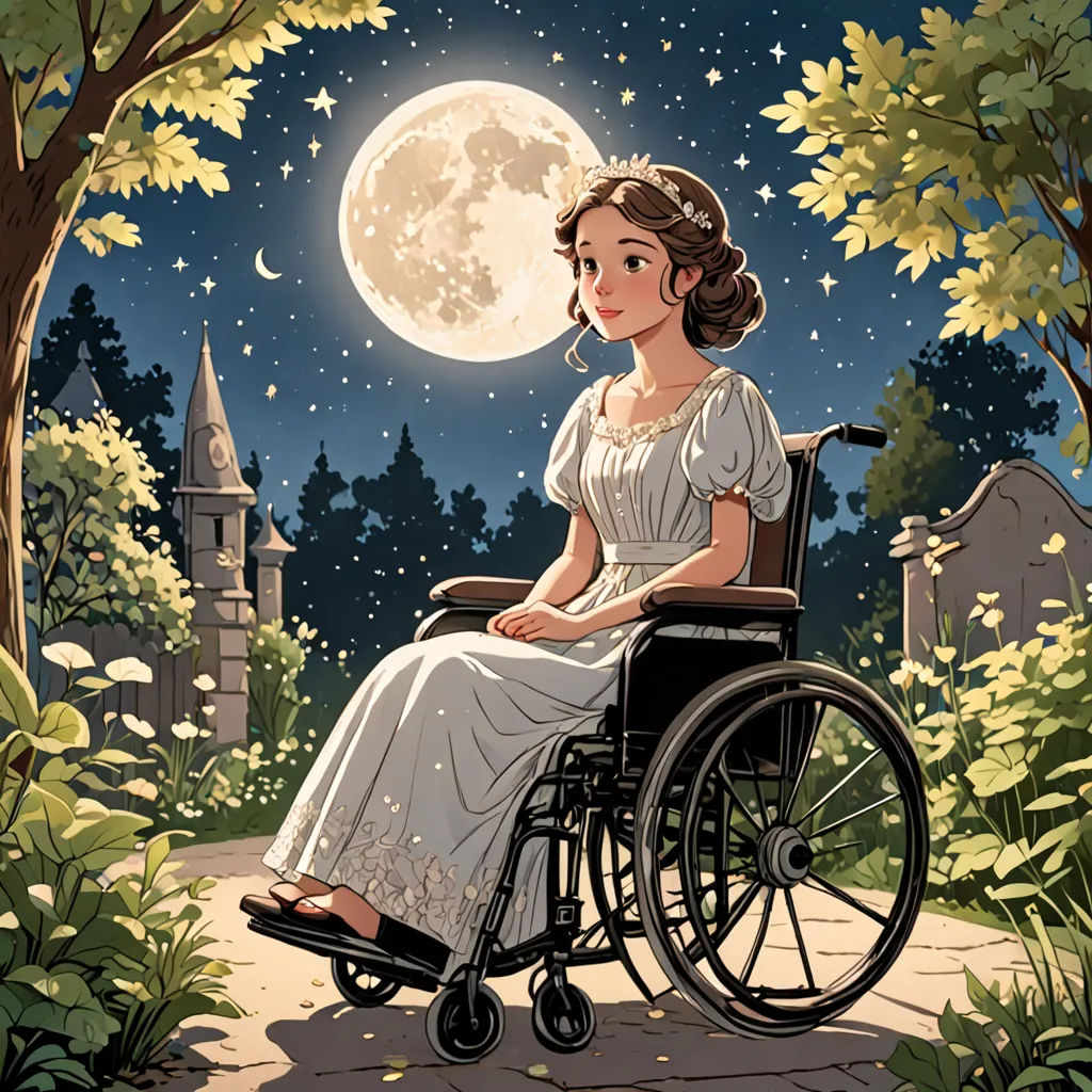 a woman in a wheelchair sitting in a park under a full moon and stars filled sky with trees and bushes, fantasy art, a storybook illustration, Anna Dittmann, storybook illustration