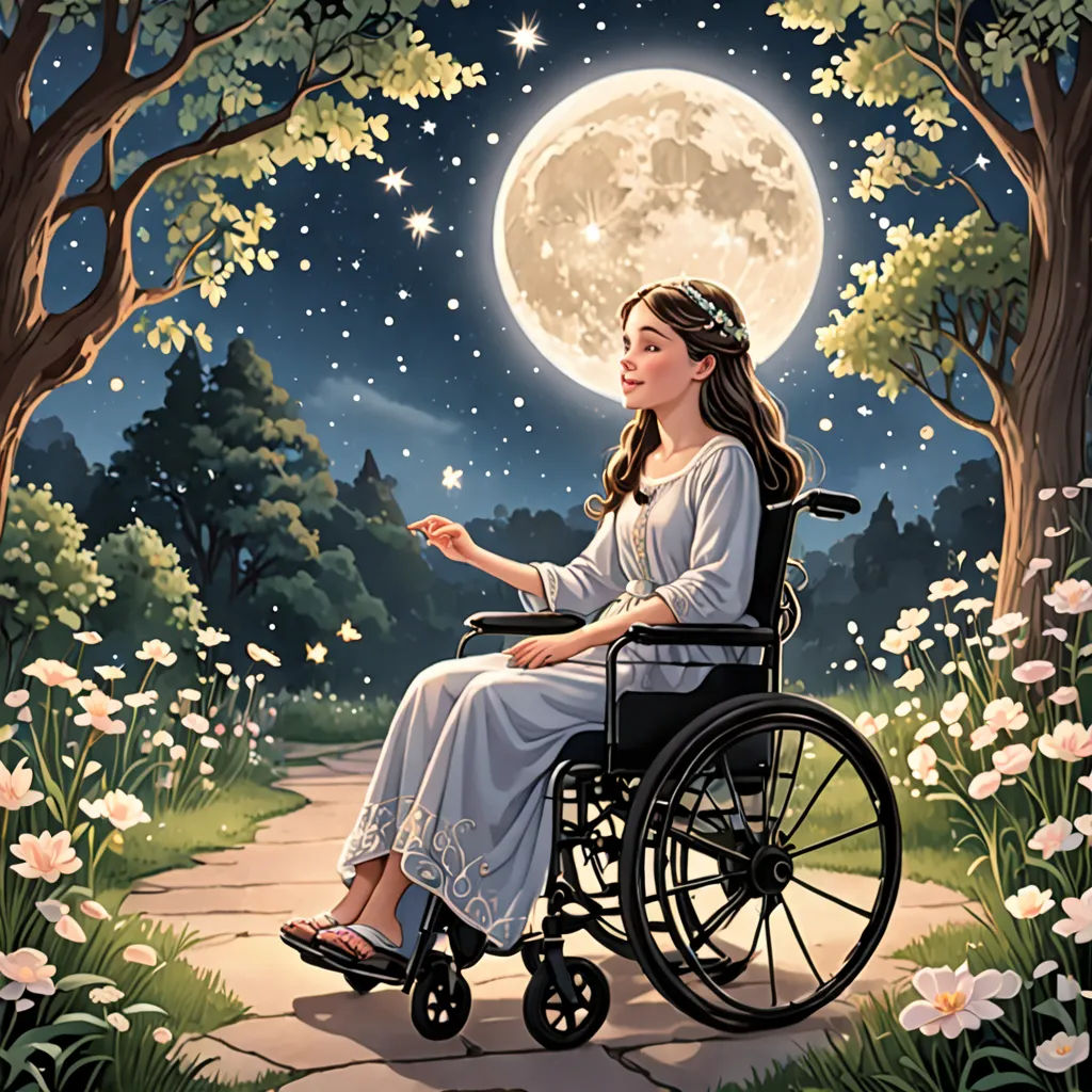 a woman in a wheel chair sitting in a park under a full moon and stars filled sky with trees, fantasy art, a storybook illustration, Elinor Proby Adams, storybook illustration
