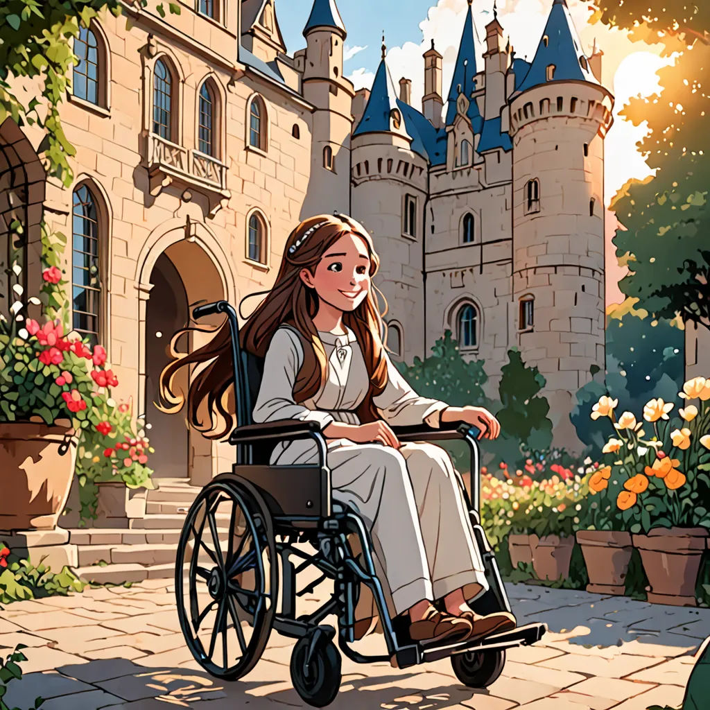a woman in a wheelchair sitting in front of a castle with flowers and a potted plant in front of her, fantasy art, a storybook illustration, Cliff Childs, official art