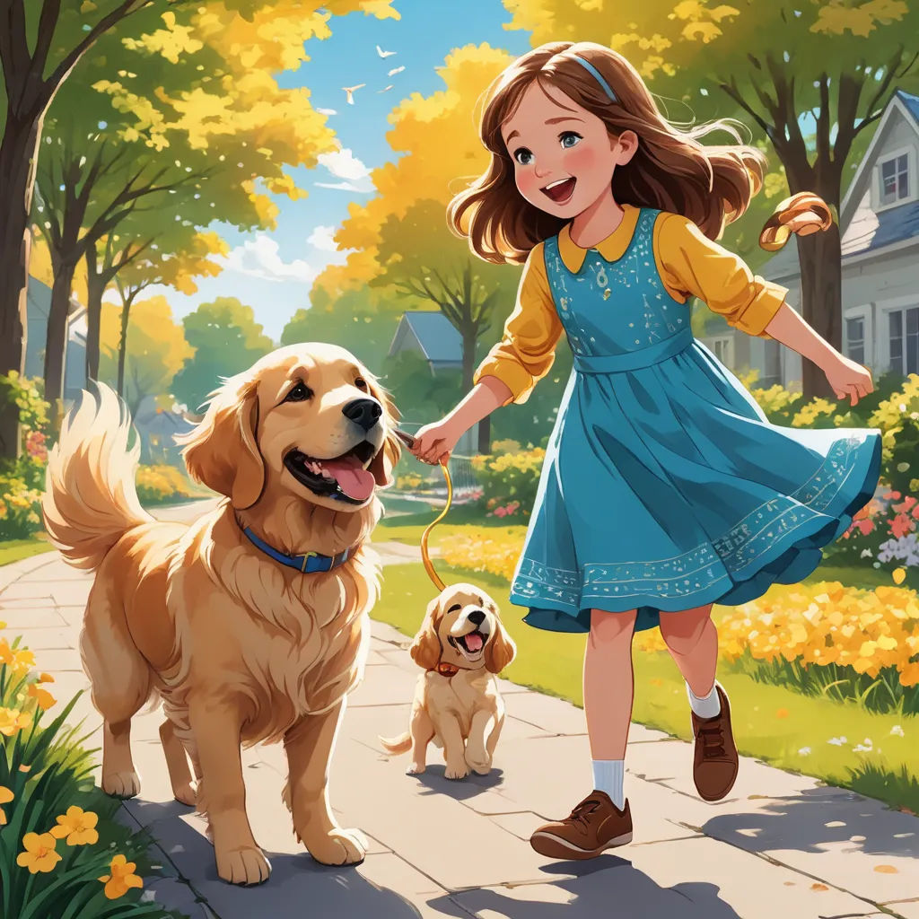 a girl in a blue dress is walking a dog on a leash and another dog is on a leash, american scene painting, a storybook illustration, Bob Byerley, official art