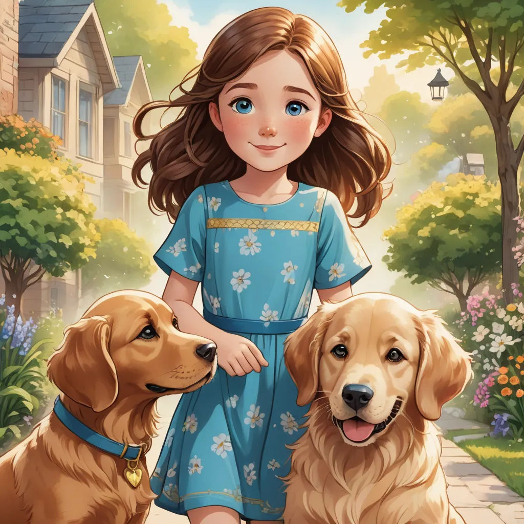 a girl and two dogs are standing in the street together, with a house in the background and a tree in the foreground, american scene painting, a storybook illustration, Anne Said, kinkade