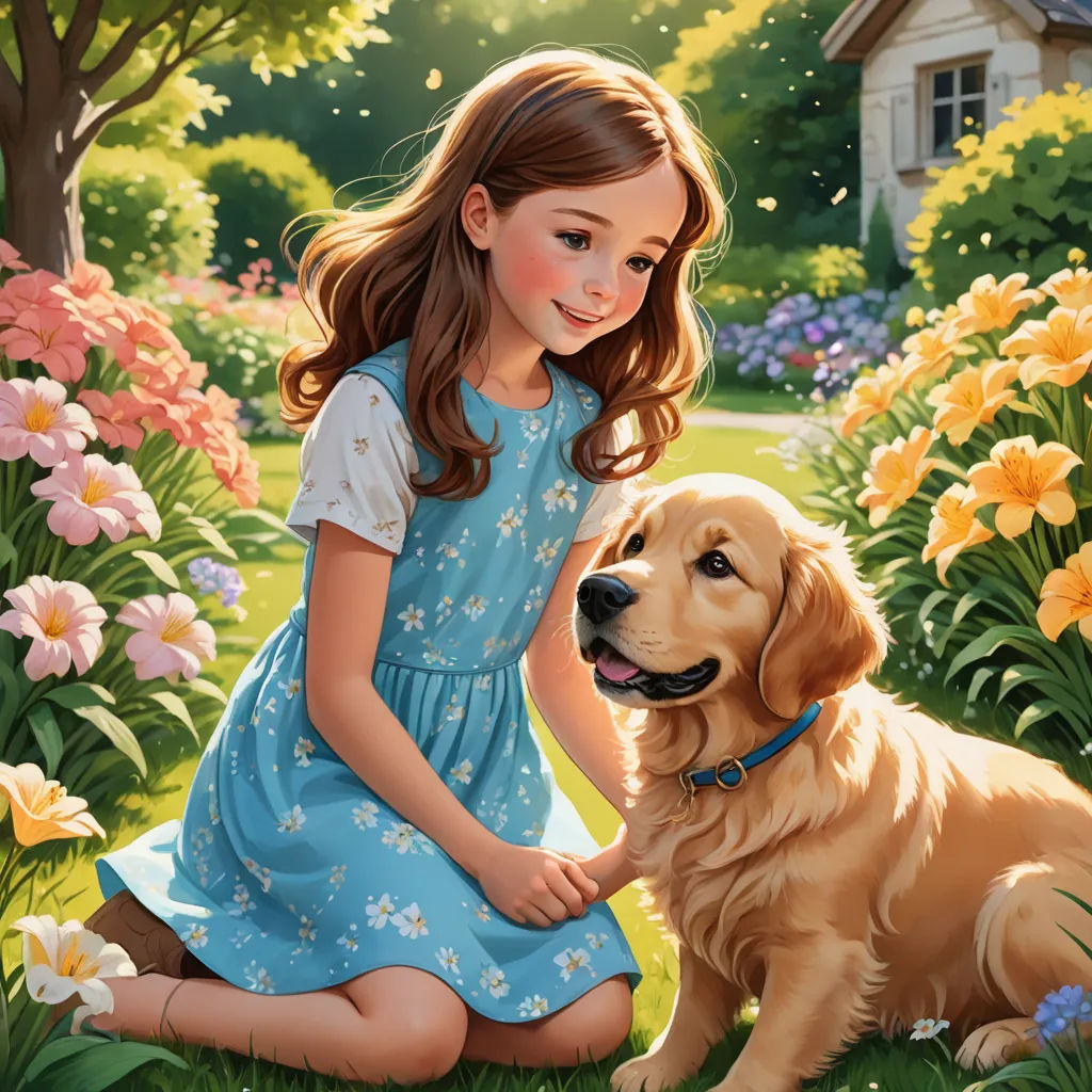 a girl kneeling down next to a dog in a garden with flowers and a house in the background,, american scene painting, a storybook illustration, Bob Byerley, official art