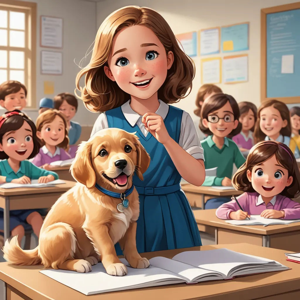 a girl in a classroom with a dog on her lap and children in the background looking on from their desks, furry art, a storybook illustration, Charles Schulz, official art