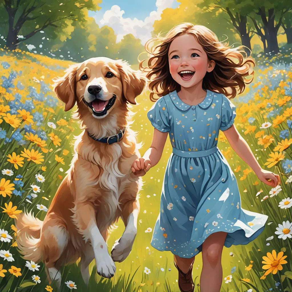 a painting of a girl and a dog running through a field of flowers with daisies in the foreground, furry art, a storybook illustration, Bob Byerley, official art