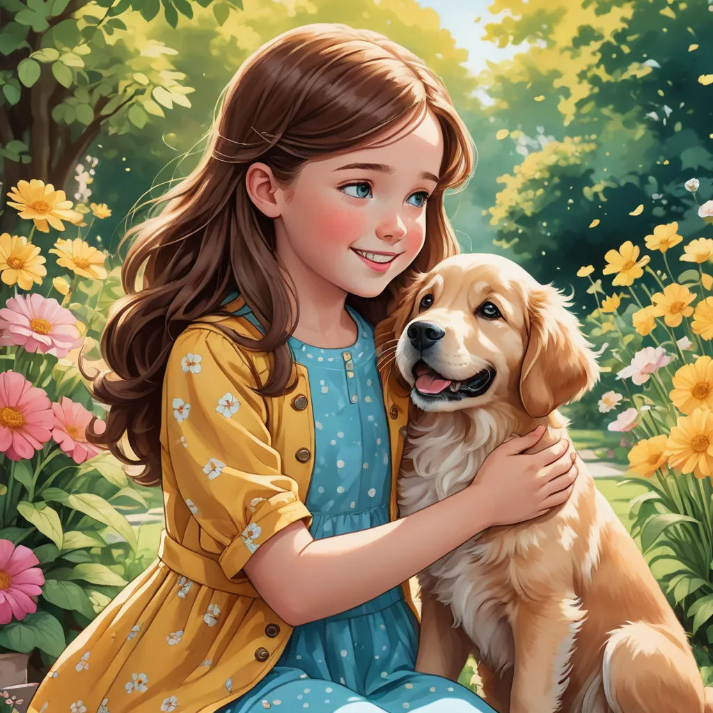 a girl is hugging a dog in a garden with flowers and trees in the background, and a dog is sitting on the ground, furry art, a storybook illustration, Charles Schulz, storybook illustration