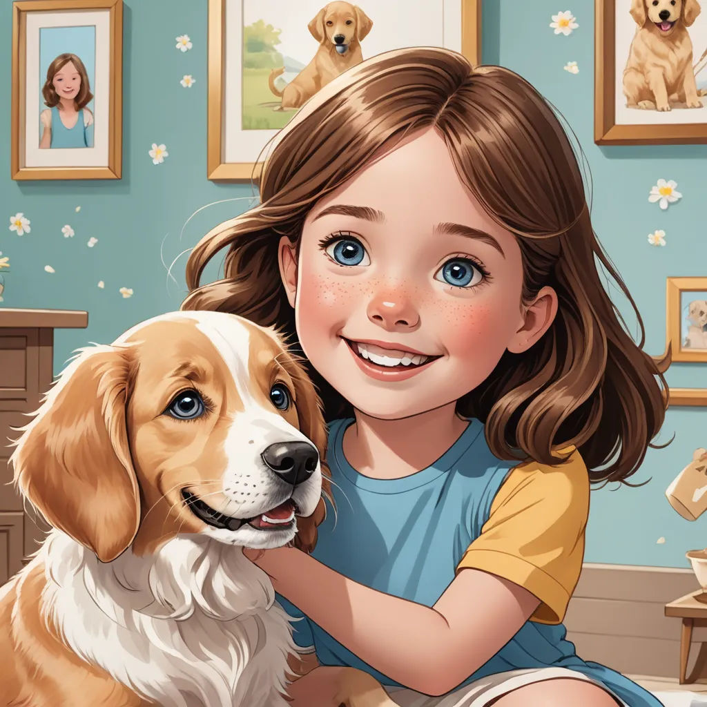 a girl is holding a dog in her lap and smiling at the camera with a dog on the wall behind her, furry art, a storybook illustration, Diego Gisbert Llorens, highly detailed digital painting