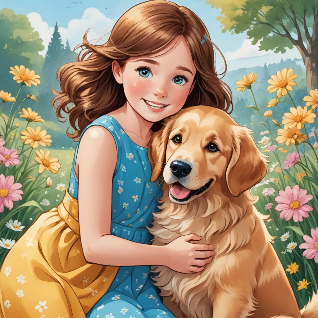 a girl hugging a dog in a field of flowers with a forest in the background and a yellow dog, furry art, a storybook illustration, Cyril Rolando, highly detailed digital painting