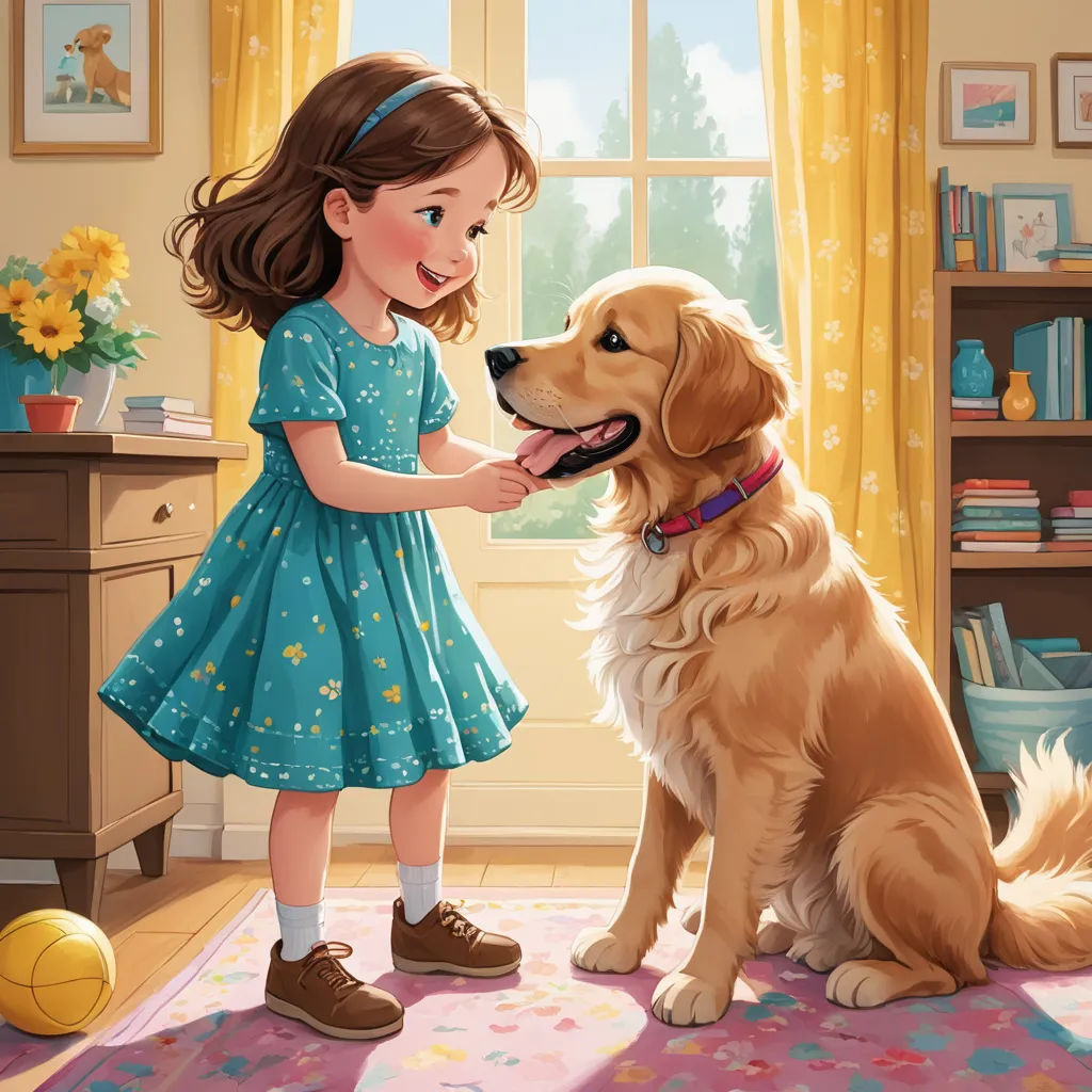 a little girl petting a dog in a room with a window and a yellow ball on the floor, american scene painting, a storybook illustration, Elinor Proby Adams, storybook illustration