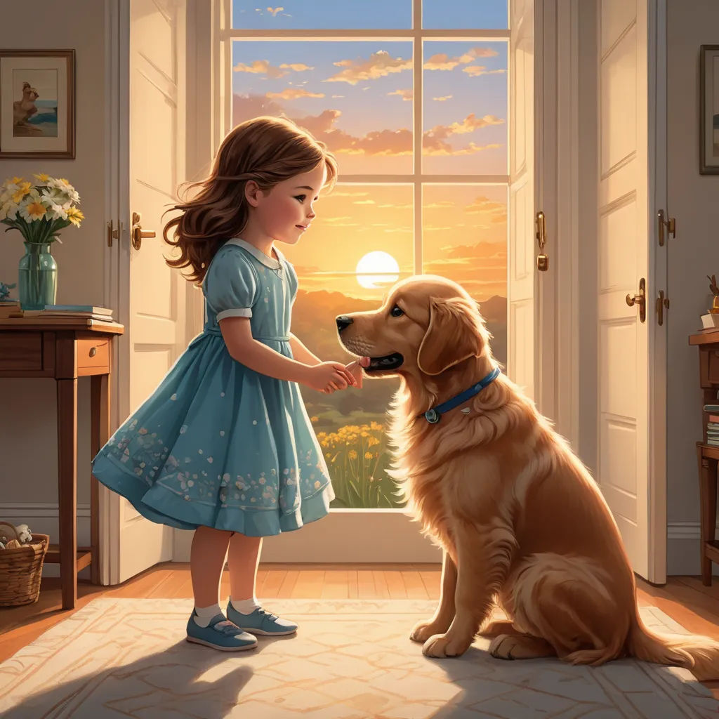 a little girl standing next to a dog in a room with a window and a door open to the outside, american scene painting, a storybook illustration, Chris LaBrooy, storybook illustration